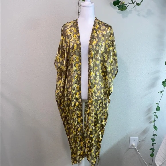 Anthropologie Isolde Floral Kimono with Yellow and Brown Pattern, One size - Picture 3 of 14